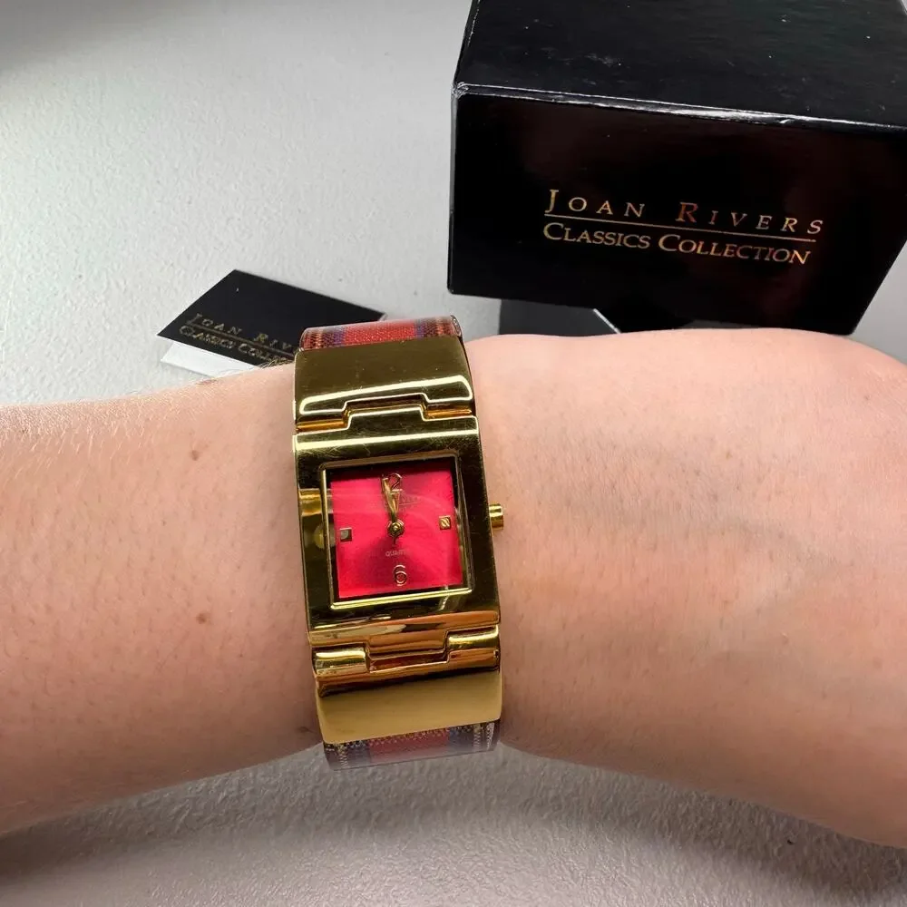 Joan Rivers Classics Collection Gold Tone Tartan Plaid Bangle Watch w/ Box